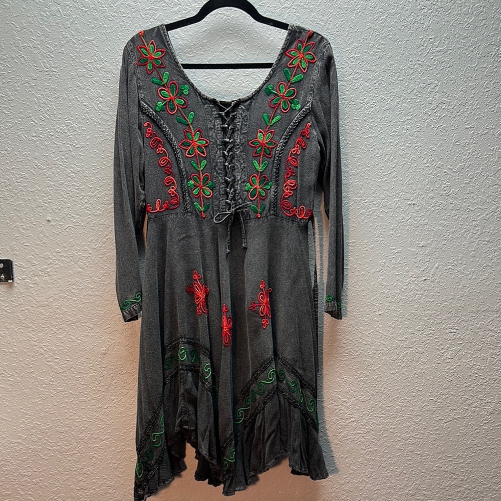 Sacred Threads Gray Dress with Red and Green Embroidery Smocked Back BOHO S/M
